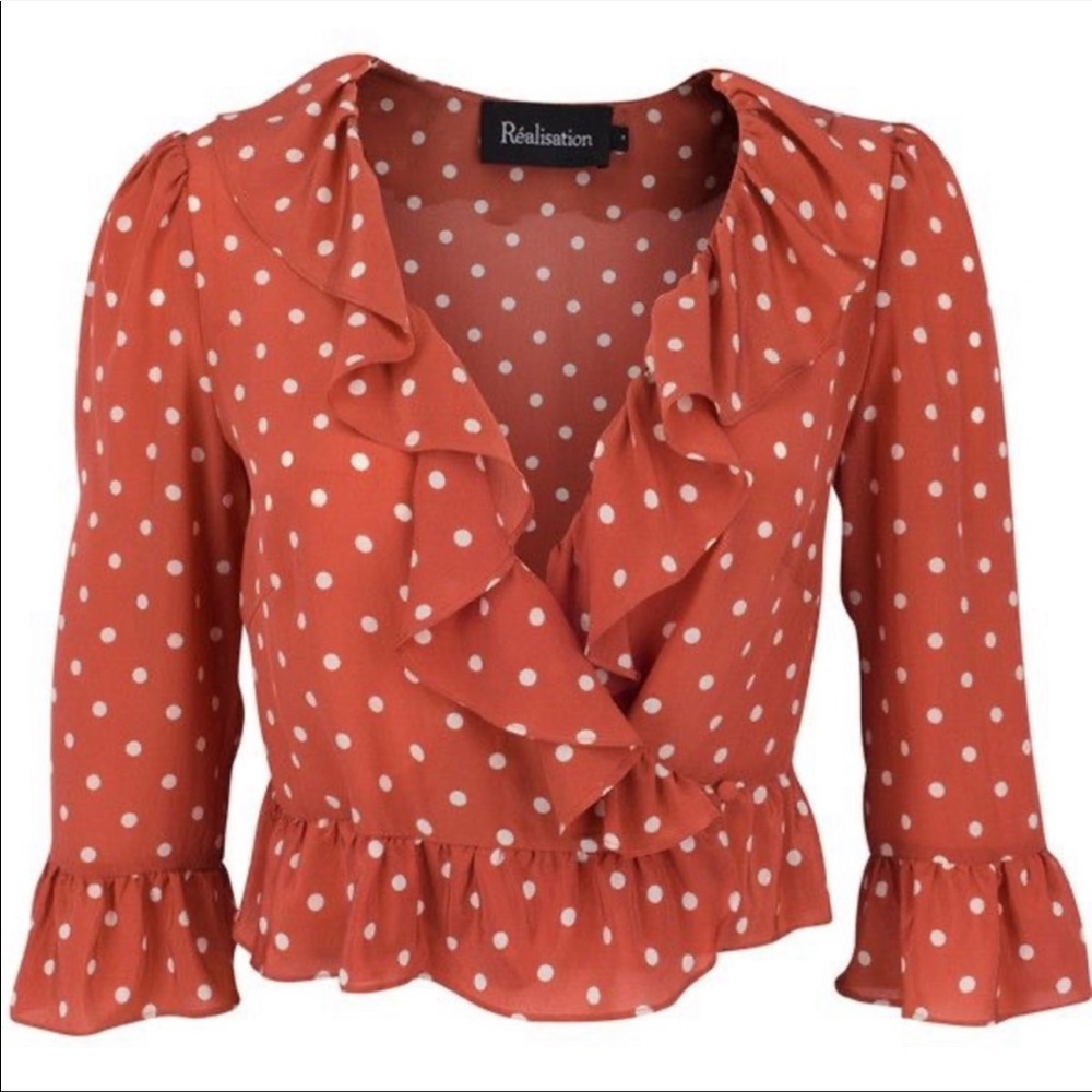 Realisation Par Wrap Silk Top Polka Dot Orange Size XXS